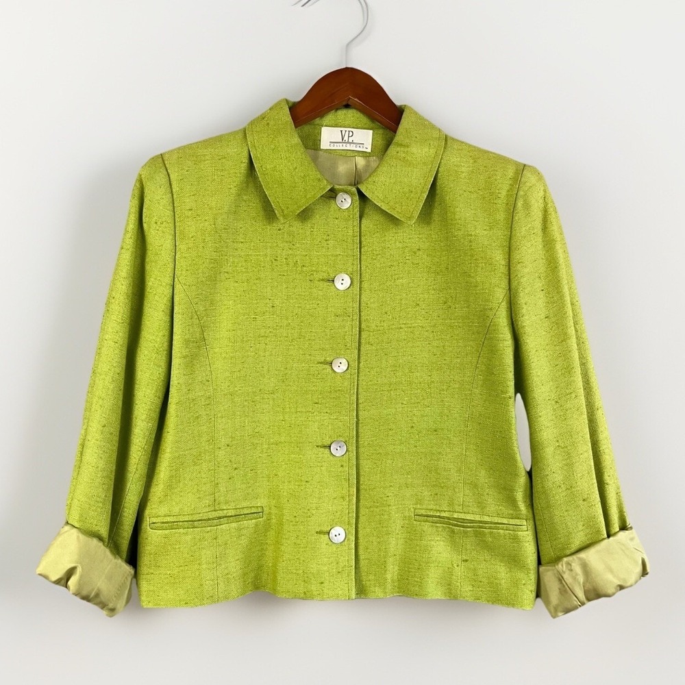 Vintage V.P. Collections Blazer Jacket Women's S Brat Green Silk Jackie O Retro